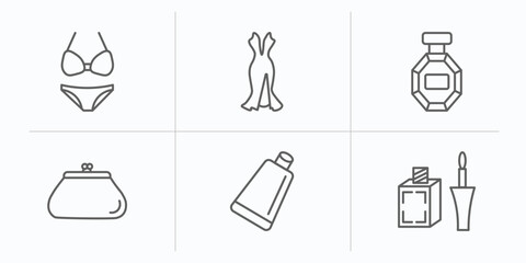 woman clothing outline icons set. thin line icons such as bikini, sexy female dress, stylish perfume bottle, female wallet, creme container black, liquid eyeliner vector.
