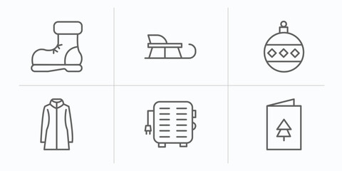 winter outline icons set. thin line icons such as snow boot, sledge, bauble, fur coat, electric heater, christmas card vector.