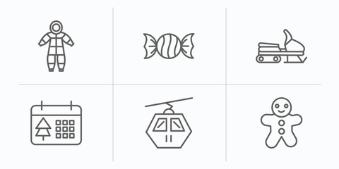 winter outline icons set. thin line icons such as snowsuit, candy, snowmobile, christmas day, cable car cabin, gingerbread man vector.