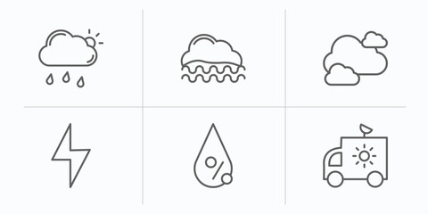 weather outline icons set. thin line icons such as overcast, foggy, clouds, lightning, humidity, meteorology vector.