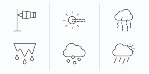 weather outline icons set. thin line icons such as anemometer, foggy day, smog, thaw, ice pellets, downpour vector.