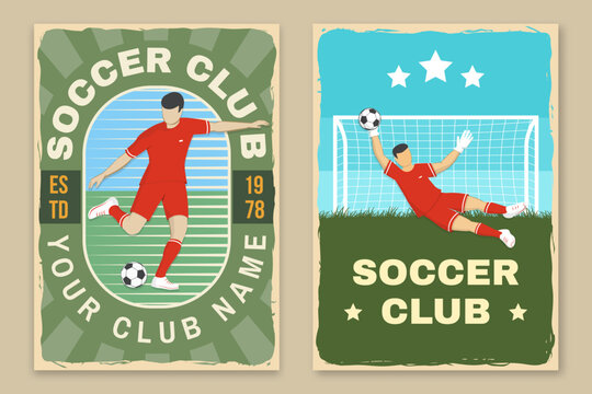 Set of soccer, football club retro poster, banner design. Vector illustration. For football club sport design with soccer and football player silhouettes.