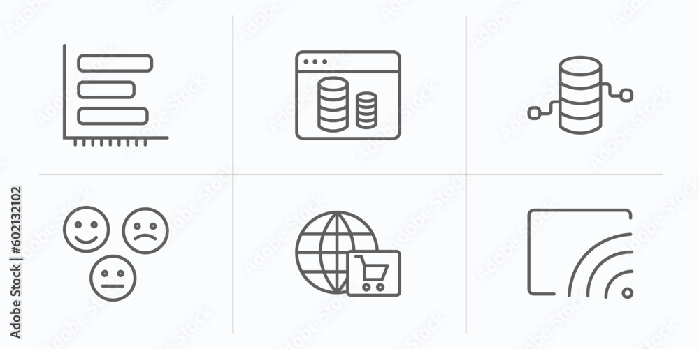 Poster user interface outline icons set. thin line icons such as dual bars interface, data windows, data an