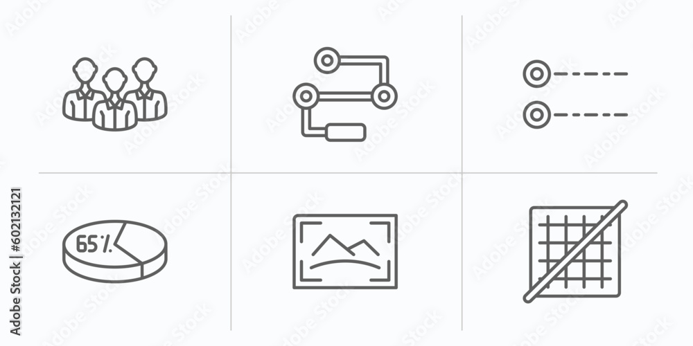 Poster user interface outline icons set. thin line icons such as humans, flow chart interface, radio button