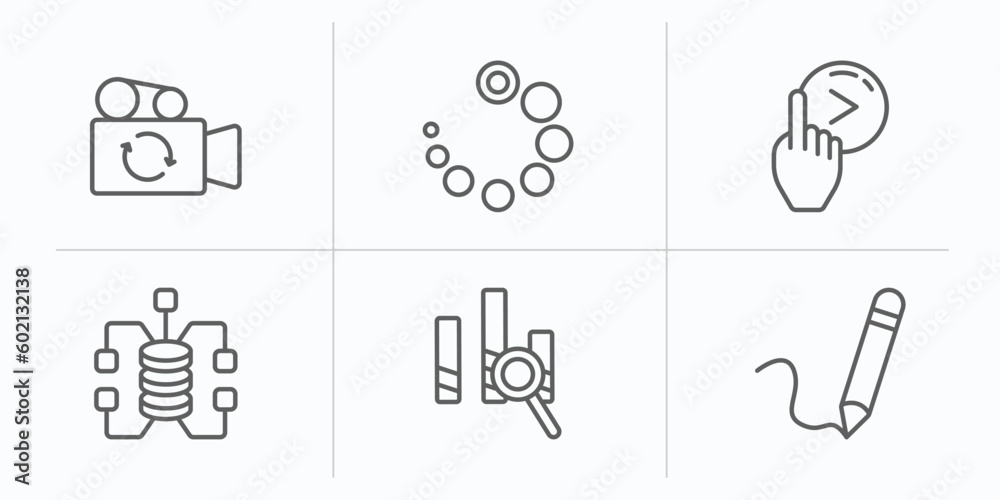 Poster user interface outline icons set. thin line icons such as switch video, loading process, slide right