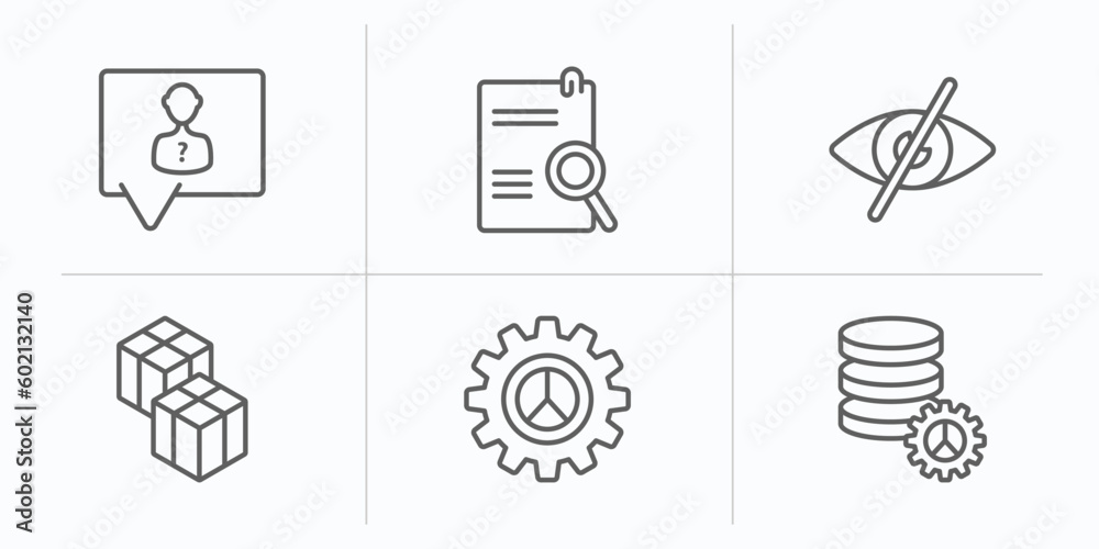 Poster user interface outline icons set. thin line icons such as anonymous message, search file, hidden, cu
