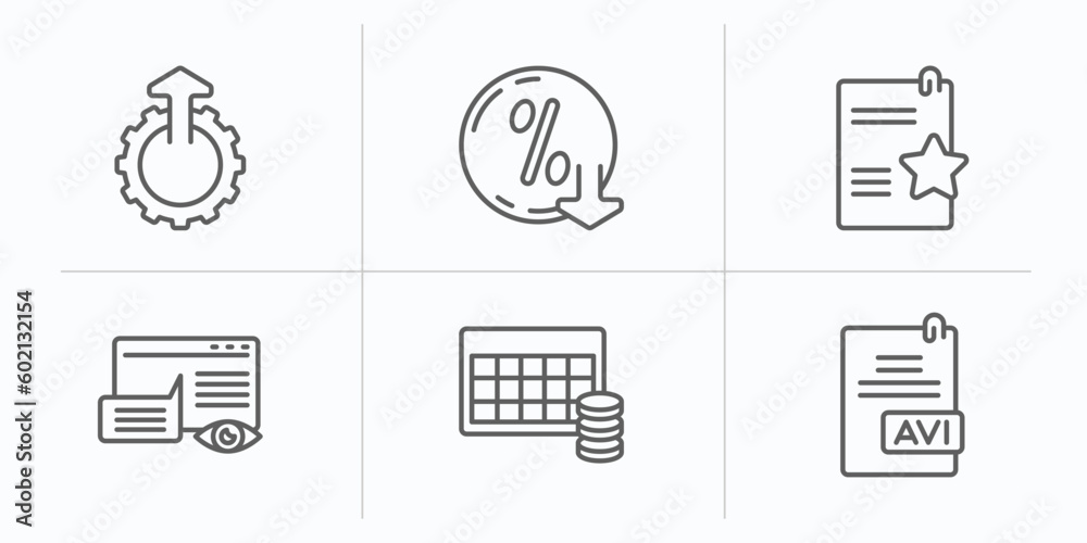 Poster user interface outline icons set. thin line icons such as upload up, less percentage, documents with