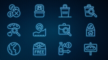 Set line Donation food, and charity, Trash can, Rising cost of housing, Searching for, No money, Work search and Sleeping bag icon. Vector
