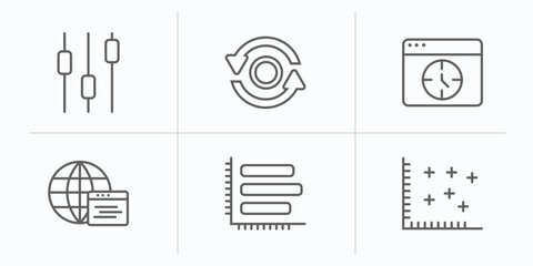 user interface outline icons set. thin line icons such as box plot, data looping interface, window time, window interface, simple chart spotted data vector.