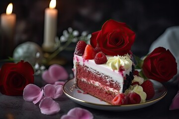 Obraz na płótnie Canvas A Piece of Red Velvet Cake Decorated with Love for St. Valentine's Day. Generative AI
