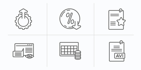 user interface outline icons set. thin line icons such as upload up, less percentage, documents with a star, data viewer, table for data, avi extension vector.