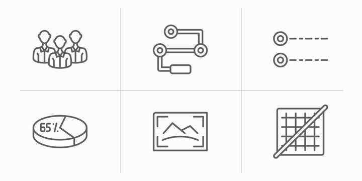 user interface outline icons set. thin line icons such as humans, flow chart interface, radio button, percentage chart, photo size, grid off vector.