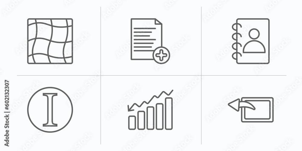 Poster user interface outline icons set. thin line icons such as mesh, add new document, contact notebook, 