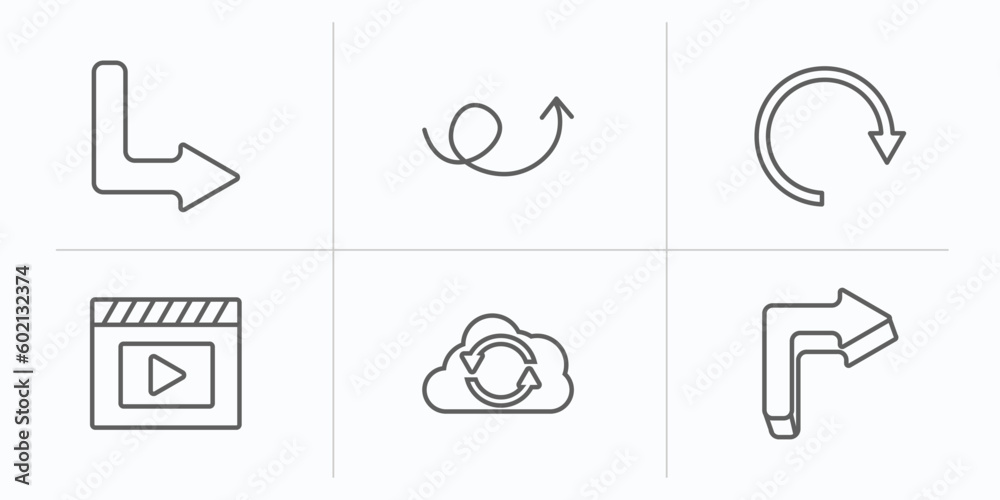 Poster user interface outline icons set. thin line icons such as down right arrow, up arrow with scribble, 