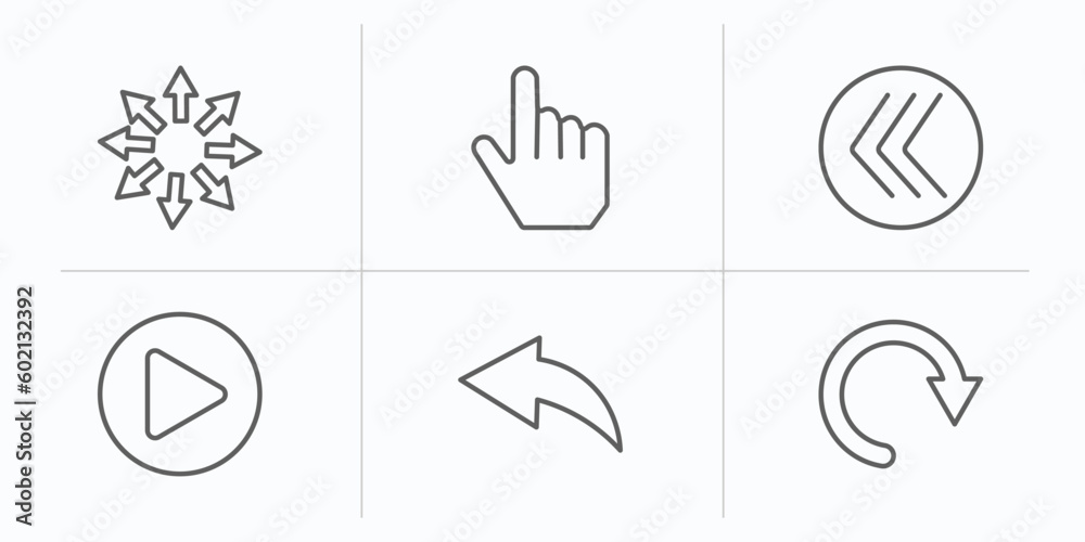 Poster user interface outline icons set. thin line icons such as expand arrows, mouse cursor, go back butto