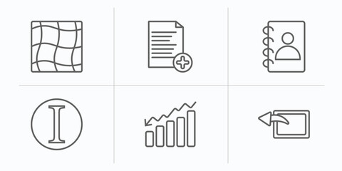 user interface outline icons set. thin line icons such as mesh, add new document, contact notebook, italics, decreasing bars chart, window back button vector.