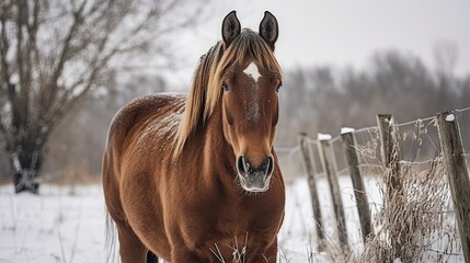 Strong, Brown Horse Stands in Snowy Winterly Pasture, Unaffected by the Cold: Generative AI