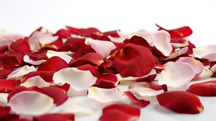 Romance in Red: Rose Petals for Valentine's Day on a White Background. Generative AI