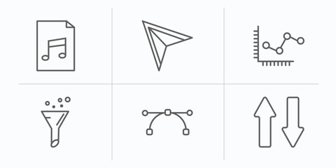 user interface outline icons set. thin line icons such as music file, direct selection, line dot chart, selective, anchor point, up and down arrow vector.