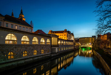 Obraz premium Ljubljana Market arcade on the Ljubljanica river. Ljubljana, capital of Slovenia.