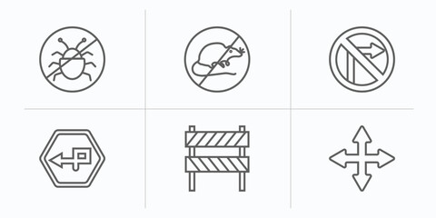 traffic signs outline icons set. thin line icons such as no insects, no rodents, no turn right, degree curve road, barrier, crossroads vector.