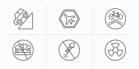 traffic signs outline icons set. thin line icons such as hill, airport, cycle lane, no fast food, no fireworks, nuclear vector.
