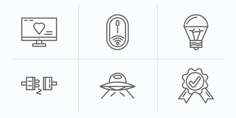 technology outline icons set. thin line icons such as heart in a screen, wireless mouse, led lamp, plugs, science fiction, warranty certificate vector.