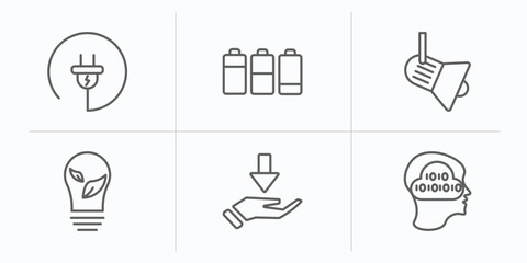 technology outline icons set. thin line icons such as electrical plug, battery levels, cinema light with cable, ecologic bulb, receive, binary mind vector.