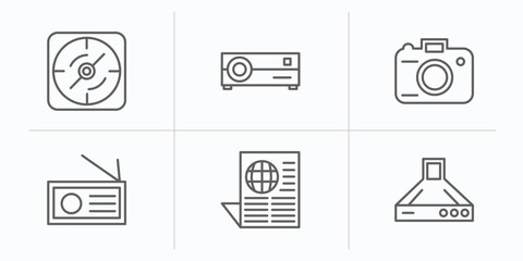 technology outline icons set. thin line icons such as navigation compass, cinema projector, digital photo camera, radio journalism, worlwide news, hood vector.