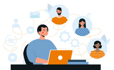 International workers online. Man at laptop communicates with people via video call. Remote employees at conference on Internet. Collaboration and cooperation. Cartoon flat vector illustration