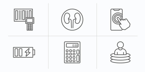 technology outline icons set. thin line icons such as portable scanner, dialysis, touchscreen, battery power, basic calculator, teletransportation vector.