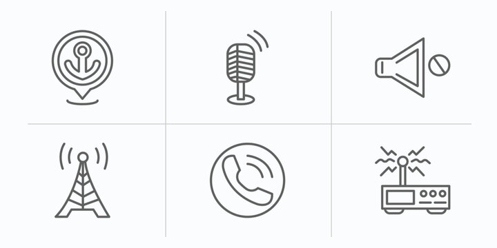 technology outline icons set. thin line icons such as dock, vintage mic, no audio, frequency antenna, reciever, wireless transmitter vector.