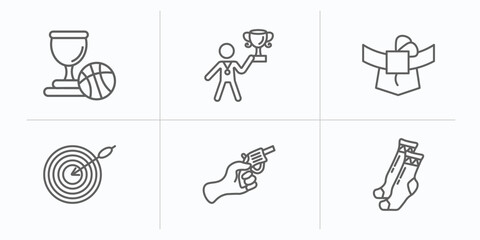 sports outline icons set. thin line icons such as basketball champion, man award, mawashi, dartboard and dart, starting gun, long socks vector.