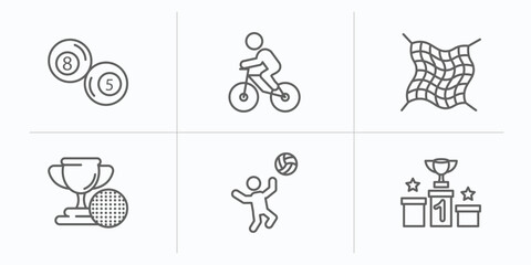 sports outline icons set. thin line icons such as ball pool, bicycle rider, fishing net, golf champion, man playing volleyball, podium with cup vector.