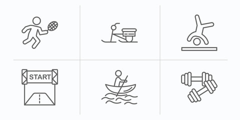 sports outline icons set. thin line icons such as man playing badminton, skibob, cartwheel, starting line, man in canoe, dumbbell for training vector.