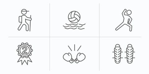 sports outline icons set. thin line icons such as trekking, waterpolo, stretching, second prize, boxing glove, shin guards vector.