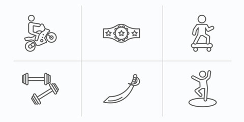 sports outline icons set. thin line icons such as motocross, champion belt, skating, weighted bars, saber, dancer motion vector.