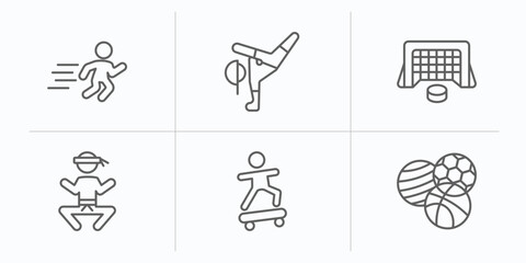 sports collection. thin outline icons set. thin line icons such as man sprinting, breakdance, hockey goal, wushu, boy with skatingboard, balls vector. © IconArt