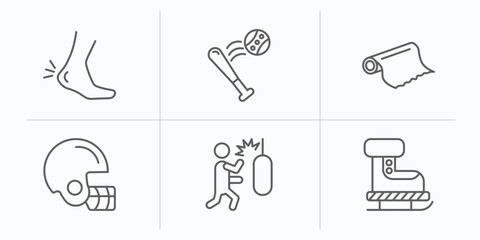 sports outline icons set. thin line icons such as ankle, home run, foil, baseball helmet, man punching, ski boots vector.