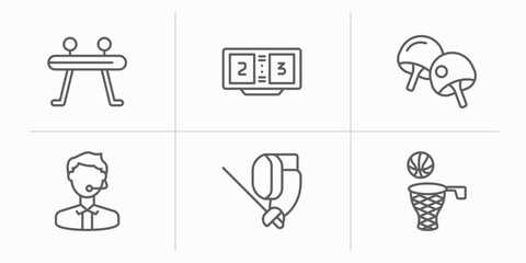 sport outline icons set. thin line icons such as gymnastics, scoreboard, table tennis, commentator, fencing, basketball vector.