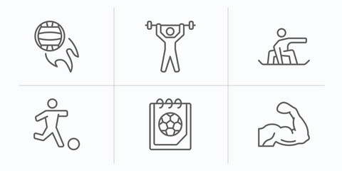 sport outline icons set. thin line icons such as volleyball, weightlifter, snowboarding, soccer, match, muscle vector.