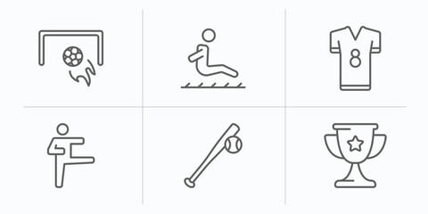 sport outline icons set. thin line icons such as football, long jump, football jersey, karate, baseball, trophy vector.