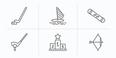 Obraz premium sport outline icons set. thin line icons such as hockey, windsurf, snowboard, golf, podium, archery vector.