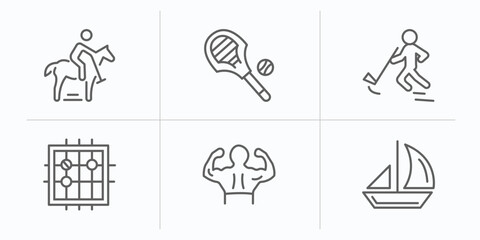 sport outline icons set. thin line icons such as polo sport, lacrosse, rinkball, go game, bodybuilding, sailboat sport vector.