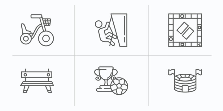 sports outline icons set. thin line icons such as bicycle for children, climber, board gaming, work bench, football cup, estadio vector.