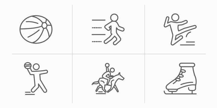 sport outline icons set. thin line icons such as handball, trail running, kung fu, dodgeball, horseball, figure skating vector.
