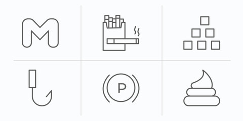 signaling outline icons set. thin line icons such as letter m, cigarettes, abecedary, no hooks, parking brake, poop vector.
