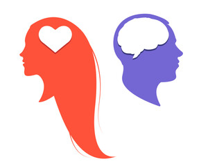 Silhouette of a man's head with a brain and silhouette of a woman's head with a heart. 