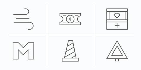 signaling outline icons set. thin line icons such as on air, price ticket, organ container, m, traffic cones, give way vector.