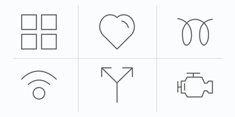 shapes outline icons set. thin line icons such as four squares, black heart, glowplug, wireless, y shaped intersection, malfunction indicador vector.